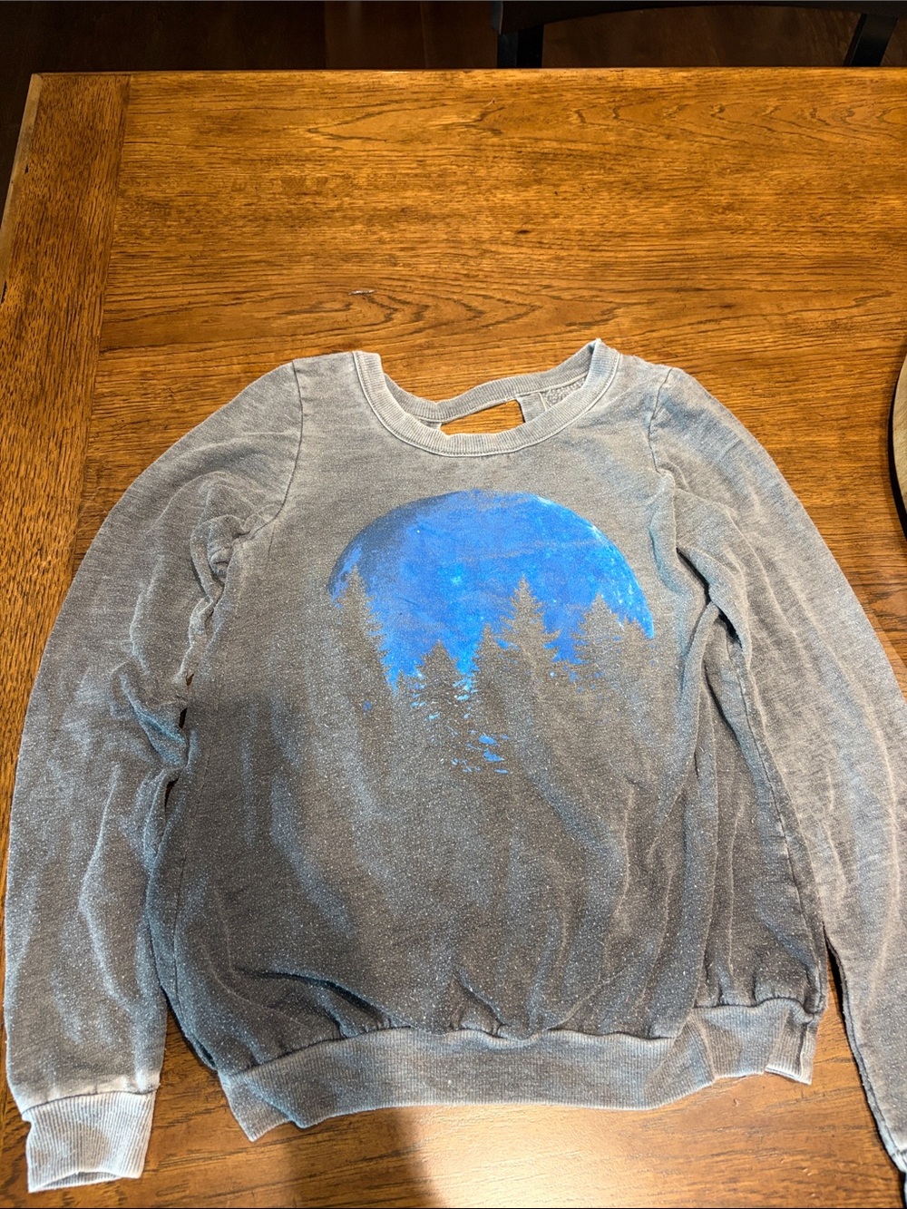 Chaser Women’s Gray Sweatshirt with Blue Moon Tree Graphic Open back